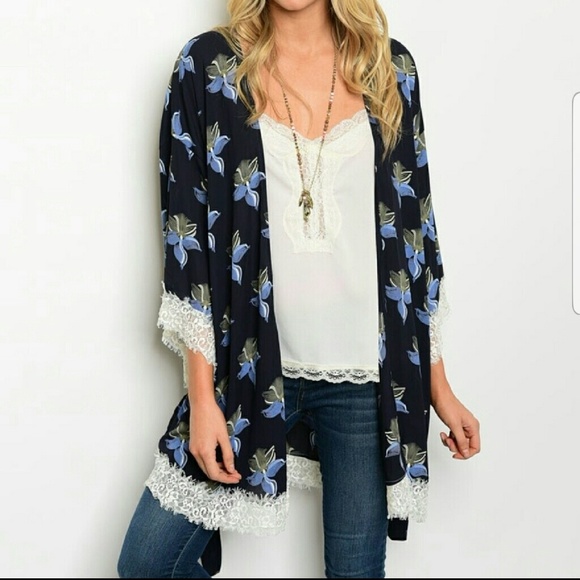 Tops - Navy Floral Print Kimono